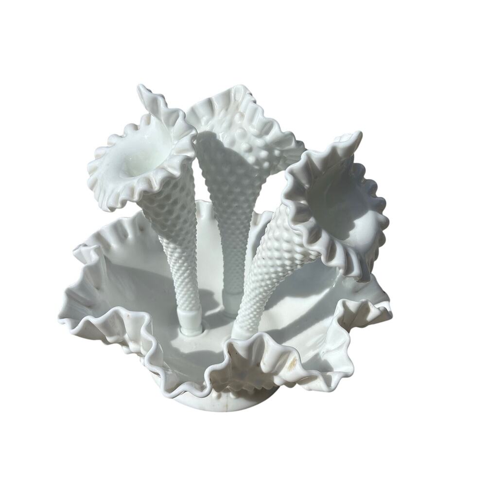 Fenton White Milk Glass Hobnail Epergne Flower Vase 3 Horns Centerpiece Bowl 9”